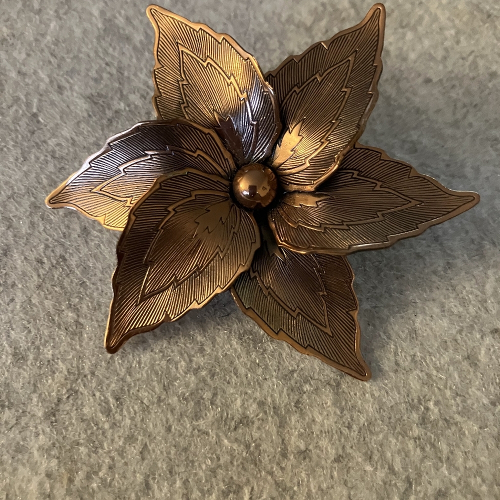 Vintage Pressed Pattern Copper Flower Brooch